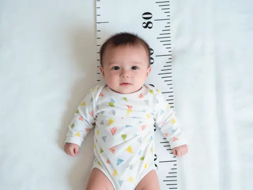 Bebé con body de triángulos de colores, acostado sobre una cinta métrica. Su crecimiento se encuentra en el percentil 4.