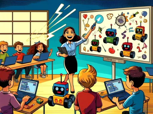 Maestra entusiasta lidera clase de robótica, fomentando la **innovación en el aula** con niños programando laptops y robots coloridos.