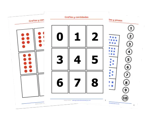 Fichas para asociar número y cantidad: puntos rojos, números del 0 al 8 y estrellas azules. Ideal para aprender a contar.