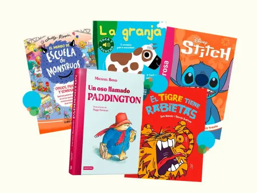 Diversos tipos de libros para niños: "El mundo de la escuela de monstruos", "La granja", "Stitch", "Un oso llamado Paddington" y "El tigre tiene rabietas".