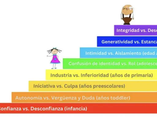 Escalera de los estadios del desarrollo humano, desde la infancia hasta la vejez, con conflictos psicosociales.