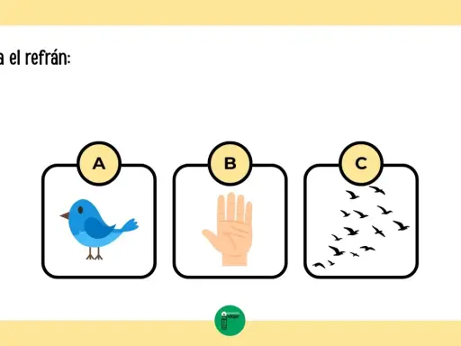 Adivina el refrán: Ejercicios refranes para imprimir. Opción A: pájaro azul. Opción B: mano abierta. Opción C: bandada de pájaros.