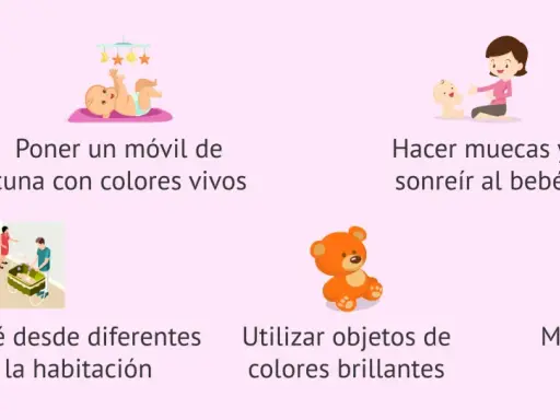 Ilustraciones muestran cómo estimular a los bebés cuando empiezan a ver: móvil, sonrisas, objetos brillantes, cuentos y llamadas.