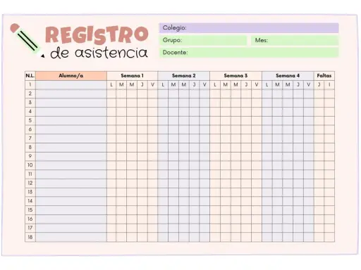 Plantilla para pasar lista infantil, lista de asistencia imprimible para colegios, con casillas para registrar la asistencia semanal de los alumnos.