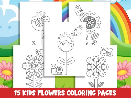 Páginas para colorear de flores de primavera con mariposas, abejas y caracoles.