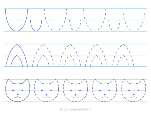 Actividades para imprimir con líneas rectas y curvas: traza arcos y caritas de gato.