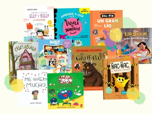 Colección de cuentos para niños de 5 años con personajes como El Grufalo, Stitch y monstruos divertidos.