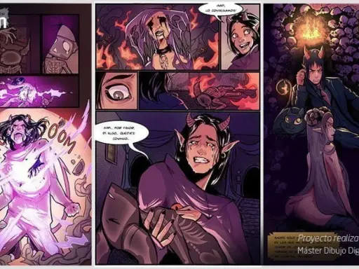 Comic de 4 viñetas para niños. Muestra personajes demoníacos en escenas de acción y drama, con un estilo artístico oscuro y vibrante.
