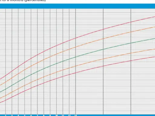 Gráfico de peso por semanas para un bebé, mostrando el percentil 50 (línea verde) y otros percentiles.