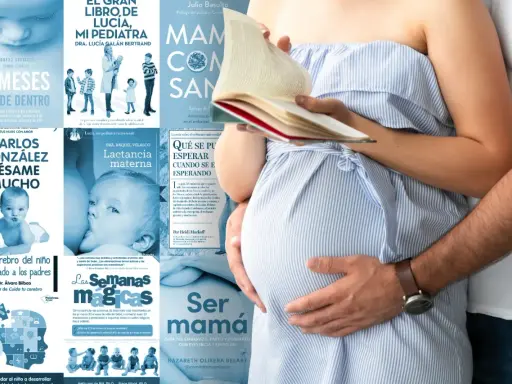 Una mujer embarazada lee un libro, con su pareja abrazándola. Alrededor, portadas de libros sobre embarazo y crianza, incluyendo "Bésame mucho" para un bebé de 1 semana.