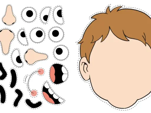 Piezas para imprimir de partes de la cara infantil: ojos, narices, bocas y mejillas para crear personajes.