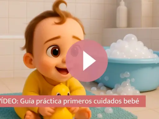 Un tierno bebé de 1 mes, con un patito de goma, listo para su baño de burbujas.