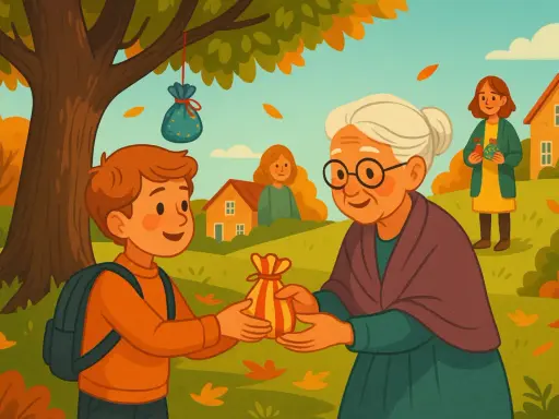 Un niño entrega una bolsa a una anciana, un ejemplo de cuentos sobre compartir. En el fondo, otras personas y casas.