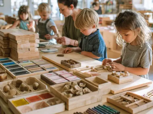 Niños concentrados en actividades de construcción y arte, siguiendo el método Steiner. Materiales didácticos de madera y colores organizados en bandejas.