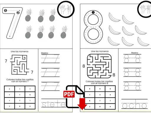Hojas de grafomotricidad de números del 1 al 10 para imprimir, con actividades de trazo, laberintos y colorear.