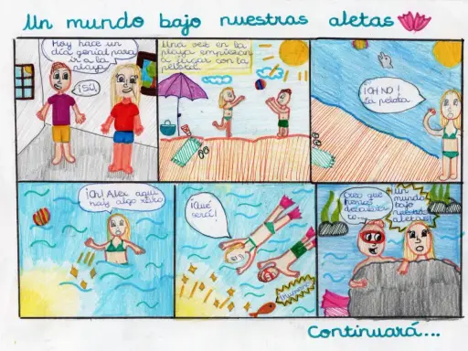 Viñetas de 6 comics fáciles: dos niños van a la playa, pierden la pelota en el mar y descubren un mundo bajo el agua.