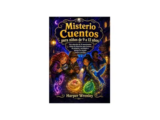 Ilustración de portada de libros de misterio para niños de 10 a 12 años. Cuatro jóvenes detectives investigan pistas brillantes en una calle nocturna.