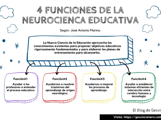 Las 4 funciones de la neurociencia educativa: ayudar a profesores, resolver trastornos, mejorar aprendizaje y conectar cerebro-tecnología.
