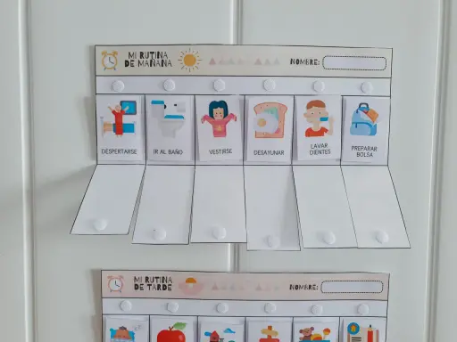 Tableros para organizar las actividades de la vida cotidiana: "Mi Rutina de Mañana" y "Mi Rutina de Tarde", con imágenes ilustrativas.