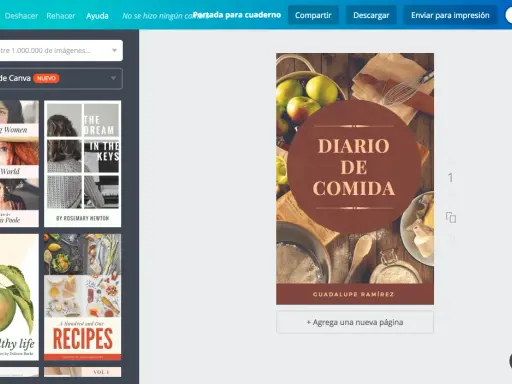 Portada de "Diario de Comida" con manzanas, harina y utensilios de cocina.