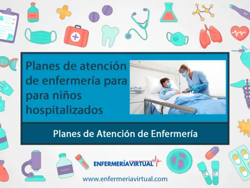 Un niño en cama de hospital recibe atención de una enfermera. El aprendizaje perceptivo de los planes de atención de enfermería para niños hospitalizados se ilustra con iconos médicos.