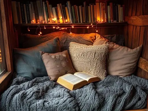 Un acogedor rincón de lectura con cojines mullidos, una manta tejida y un libro abierto. Las luces de hadas añaden un toque mágico.