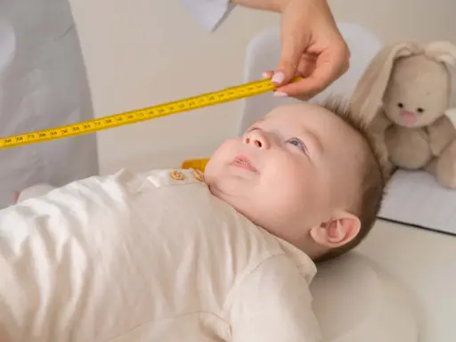 Bebé de 20 meses siendo medido con cinta métrica. Un peluche de conejo observa atentamente.