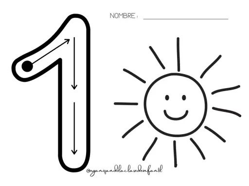 Fichas números infantil: el número 1 con flechas para trazar y un sol sonriente. Ideal para aprender a escribir el uno.