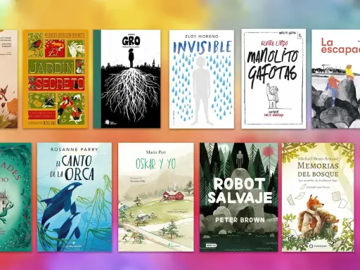 Variedad de libros infantiles y juveniles, incluyendo títulos como "El Jardín Secreto" y "Robot Salvaje", ideales como libros para niños de 10 a 12 años.