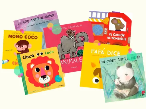 Colección de cuentos para bebés de 3 meses: "Mono Coco", "Cucú León", "El Camión de Bomberos" y más, con ilustraciones coloridas.