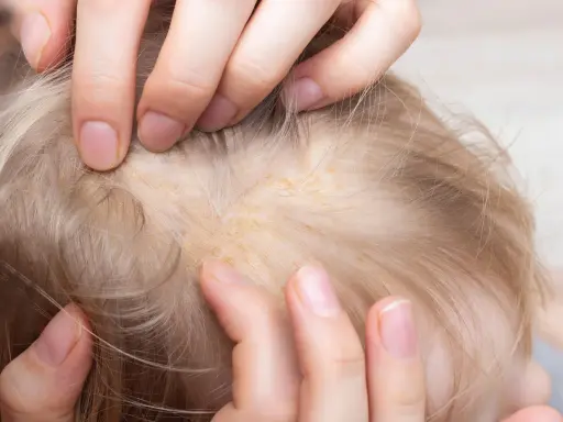 Manos separan el cabello rubio de un bebé, revelando escamas amarillentas en el cuero cabelludo, similar a la caspa en las orejas.