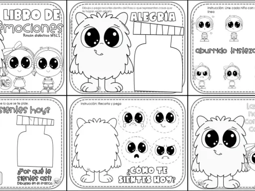 Páginas para colorear de "Mi libro de emociones" con monstruos y niños, ideales para aprender sobre caras y emociones para imprimir.