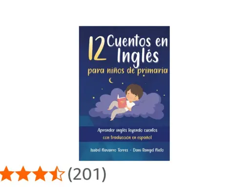 Libro "12 Cuentos en Inglés para niños de primaria", con un niño leyendo en una nube. Ideal para aprender inglés con traducción.