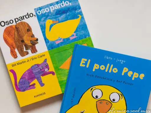 Los mejores libros para bebé de 1 año: "Oso pardo, oso pardo" con un oso y un gato morado, y "El pollo Pepe" con un pollito amarillo.