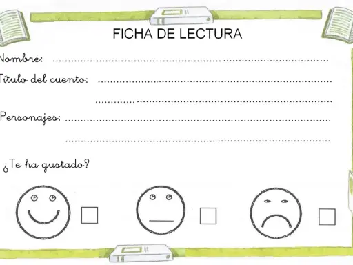 Ficha de lectura infantil para escribir nombre, título, personajes y calificar el cuento con caritas sonrientes, neutras o tristes.