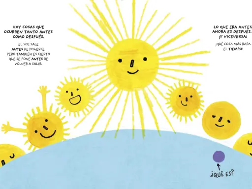 Sol y lunas sonrientes, como en libros infantiles famosos, juegan con el tiempo. ¿Qué será ese punto morado?