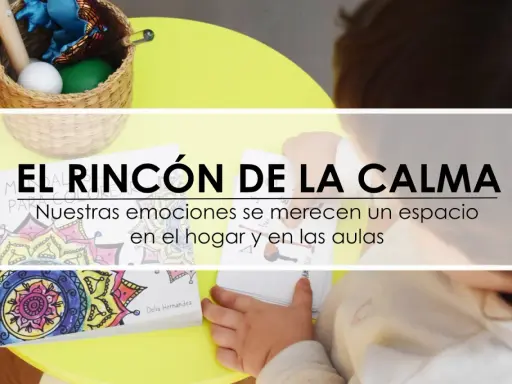 Un niño explora un rincón de la calma Montessori con tarjetas de emociones y un libro para colorear.
