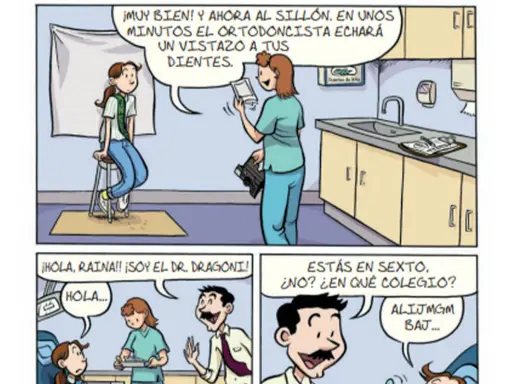 Viñetas de comics pequeños: una chica sentada en una silla, una doctora y un dentista.