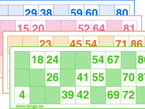 Variados cartones de bingo para imprimir con números en diferentes colores. ¡Listos para la diversión!
