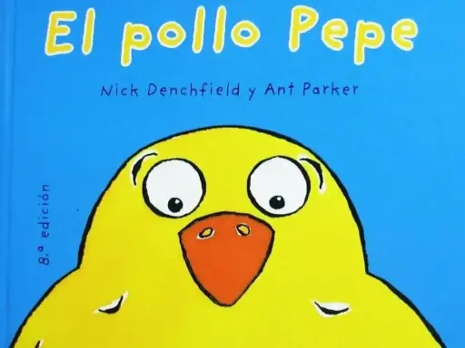 El pollo Pepe, un divertido cuentacuentos para bebés, con su gran pico naranja y ojos curiosos, invita a la lectura.