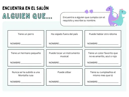Fichas de animales para imprimir: juego "Encuentra a alguien que..." con casillas para escribir nombres según diferentes requisitos.