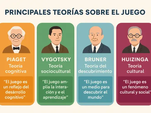 Ilustración de las principales teorías sobre el juego: Piaget, Vygotsky, Bruner y Huizinga. Cada uno con su retrato y cita, mostrando la pedagogía del juego.