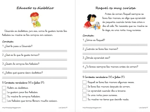 Ficha lectura 5 años: Eduardo es diabético y Raquel es muy curiosa. Ejercicios de comprensión lectora.