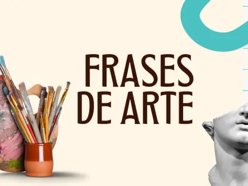 Pinceles y paleta de artista junto a un busto clásico, con el texto "Frases de Arte para niños".