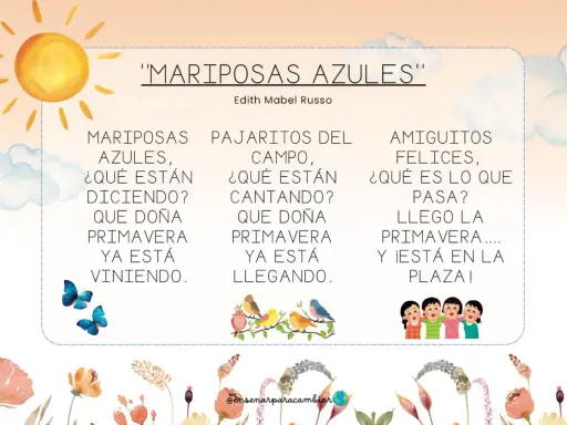 Fichas primavera infantil 5 años: mariposas, pájaros y niños celebran la llegada de la primavera.