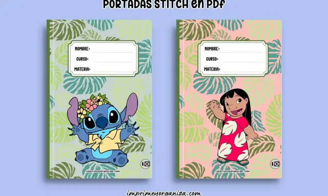 Portadas para trabajos infantiles con Stitch y Lilo. Ideales para organizar las tareas escolares con un toque divertido.