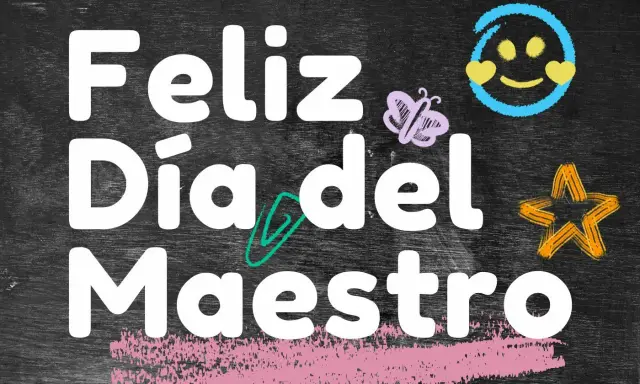 Feliz Día del Maestro. Celebrando a quienes inspiran y guían. Con mariposa, estrella y carita feliz.