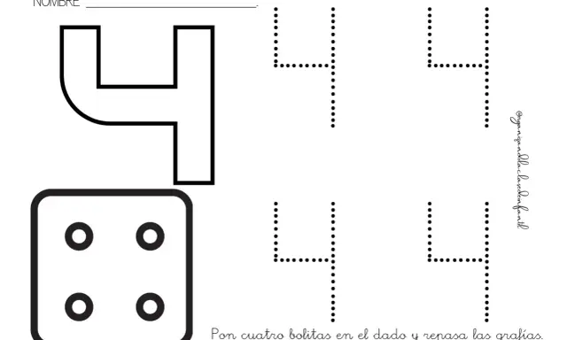 Fichas número 4 infantil: un dado con cuatro puntos y el número 4 para repasar. ¡Aprende el número cuatro!