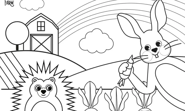 Un conejo y un erizo disfrutan de la primavera en la granja, con zanahorias y un arcoíris. ¡Perfecto para colorear animales de primavera!