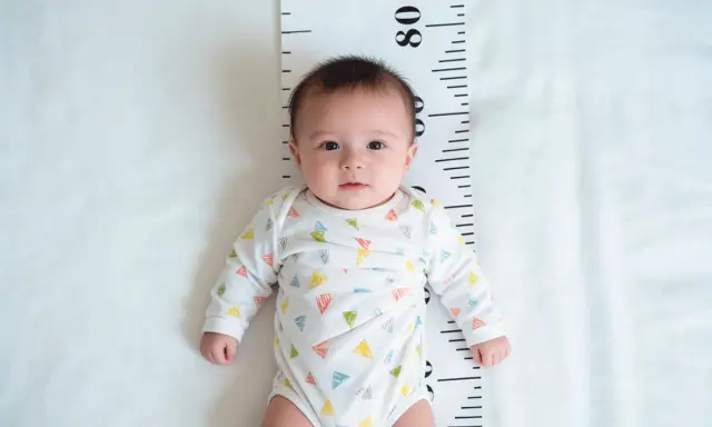 Bebé con body de triángulos de colores, acostado sobre una cinta métrica. Su crecimiento se encuentra en el percentil 4.